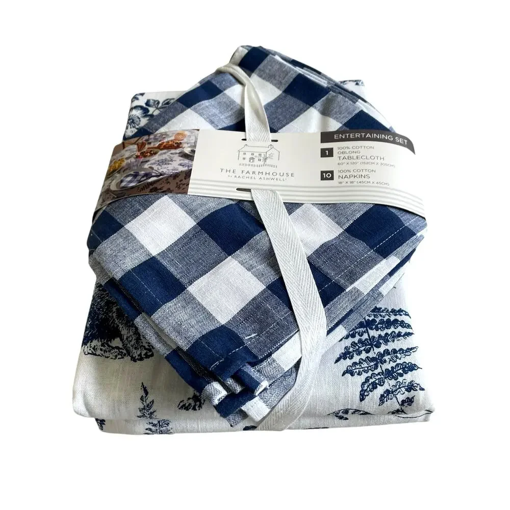 11pc Farmhouse Easter Bunny Tablecloth 60x120 Gingham Napkin Set Blue White NEW